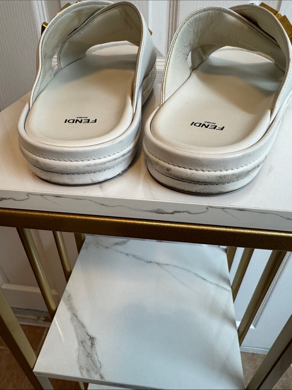 Fendi White Leather Logo Crossover Slide Sandals with Gold Hardware - Picture 6 of 9